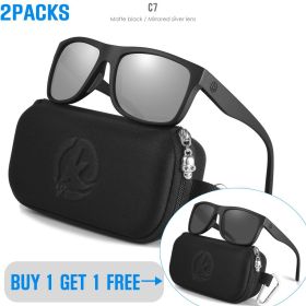KDEAM Polarized Sunglasses Men Sports Tridimensional Brand Logo TR90 Square Sun Glasses All Black With Zipper Case KD0721 (Lenses Color: C7C1 2PCS)