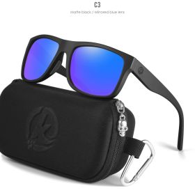 KDEAM Polarized Sunglasses Men Sports Tridimensional Brand Logo TR90 Square Sun Glasses All Black With Zipper Case KD0721 (Lenses Color: C3 Mirrored blue)