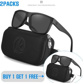 KDEAM Polarized Sunglasses Men Sports Tridimensional Brand Logo TR90 Square Sun Glasses All Black With Zipper Case KD0721 (Lenses Color: C1C1 2PCS)