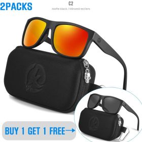 KDEAM Polarized Sunglasses Men Sports Tridimensional Brand Logo TR90 Square Sun Glasses All Black With Zipper Case KD0721 (Lenses Color: C2C1 2PCS)
